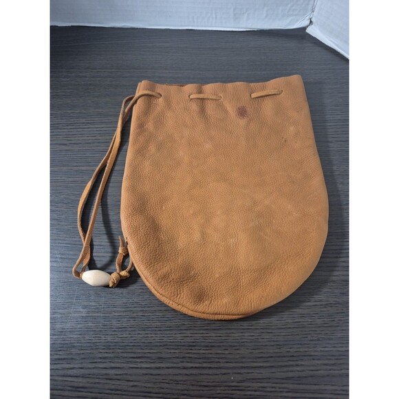 Vintage Genuine Leather Drawstring Pouch Camel Tan Color With Wooden Bead Accent - Picture 9 of 16